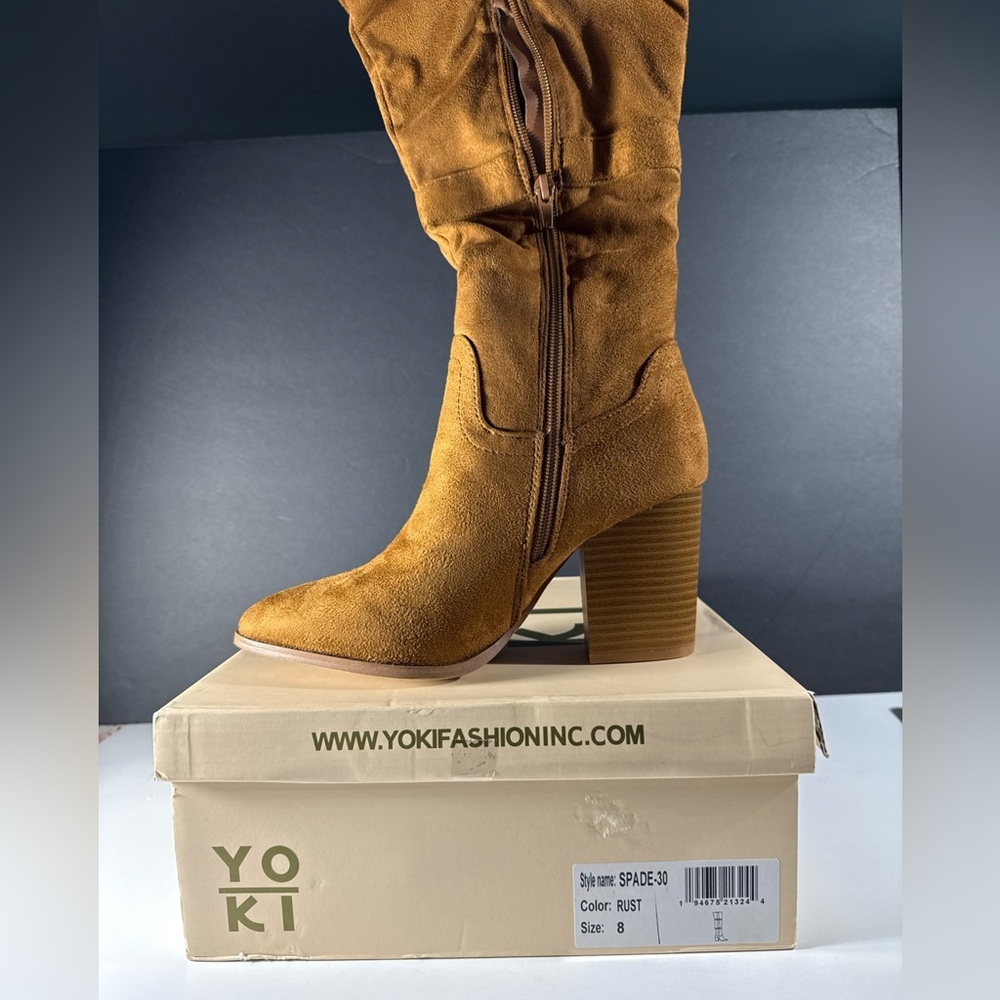 YOKI Knee-High Boots Size 8 Faux Suede Camel Pull-on Spade-30 NWT
